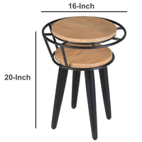 Industrial End Table with 2 Tier Round Wooden Shelving and Metal Frame, White Oak and Black - UPT-263764