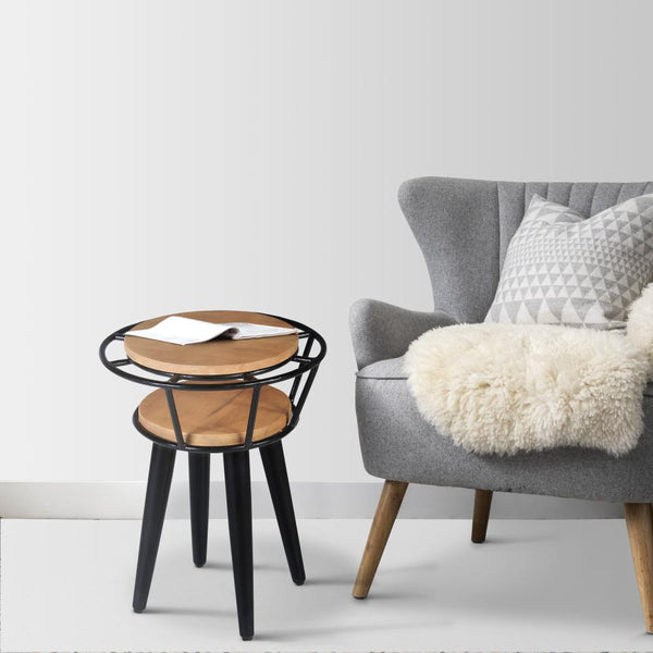 Industrial End Table with 2 Tier Round Wooden Shelving and Metal Frame, White Oak and Black - UPT-263764