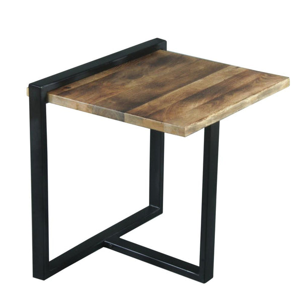 Industrial Minimalistic End Table with Mango Wood Top and Metal Frame, Brown and Black - UPT-263765