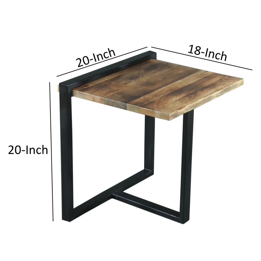 Industrial Minimalistic End Table with Mango Wood Top and Metal Frame, Brown and Black - UPT-263765