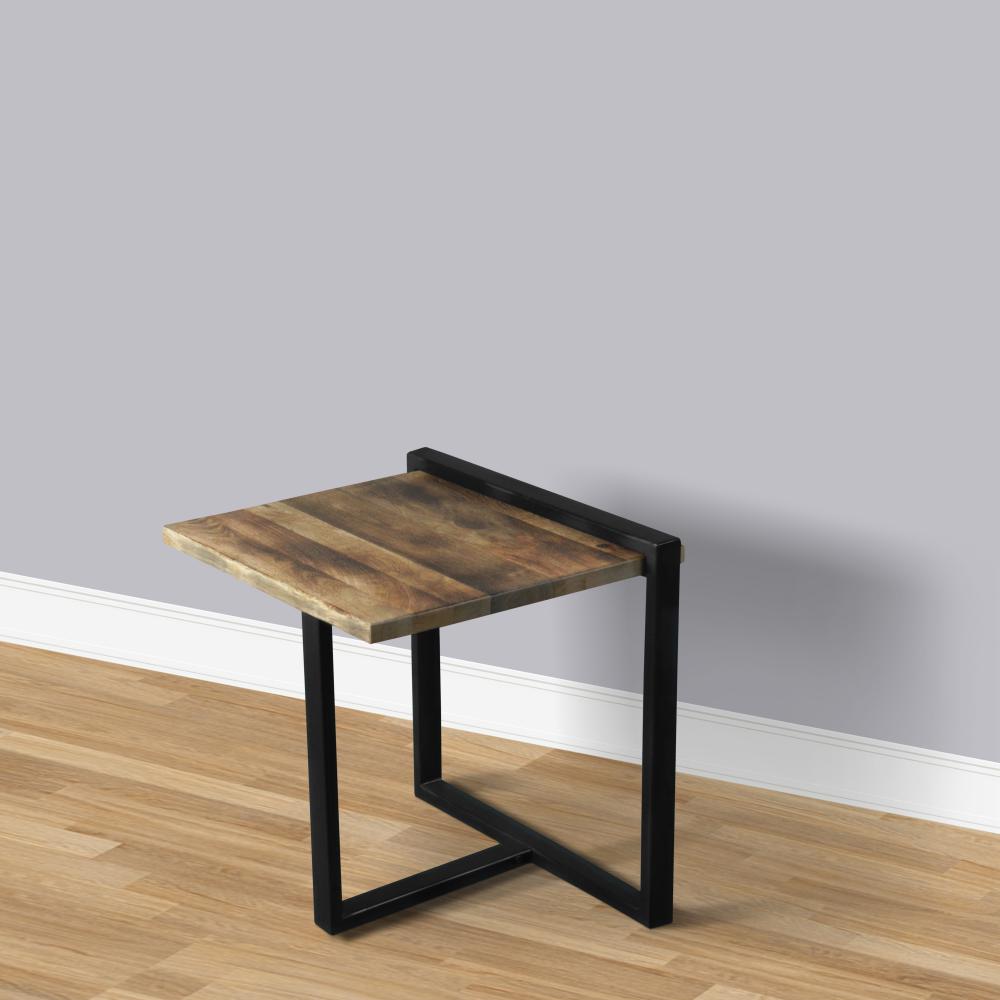 Industrial Minimalistic End Table with Mango Wood Top and Metal Frame, Brown and Black - UPT-263765