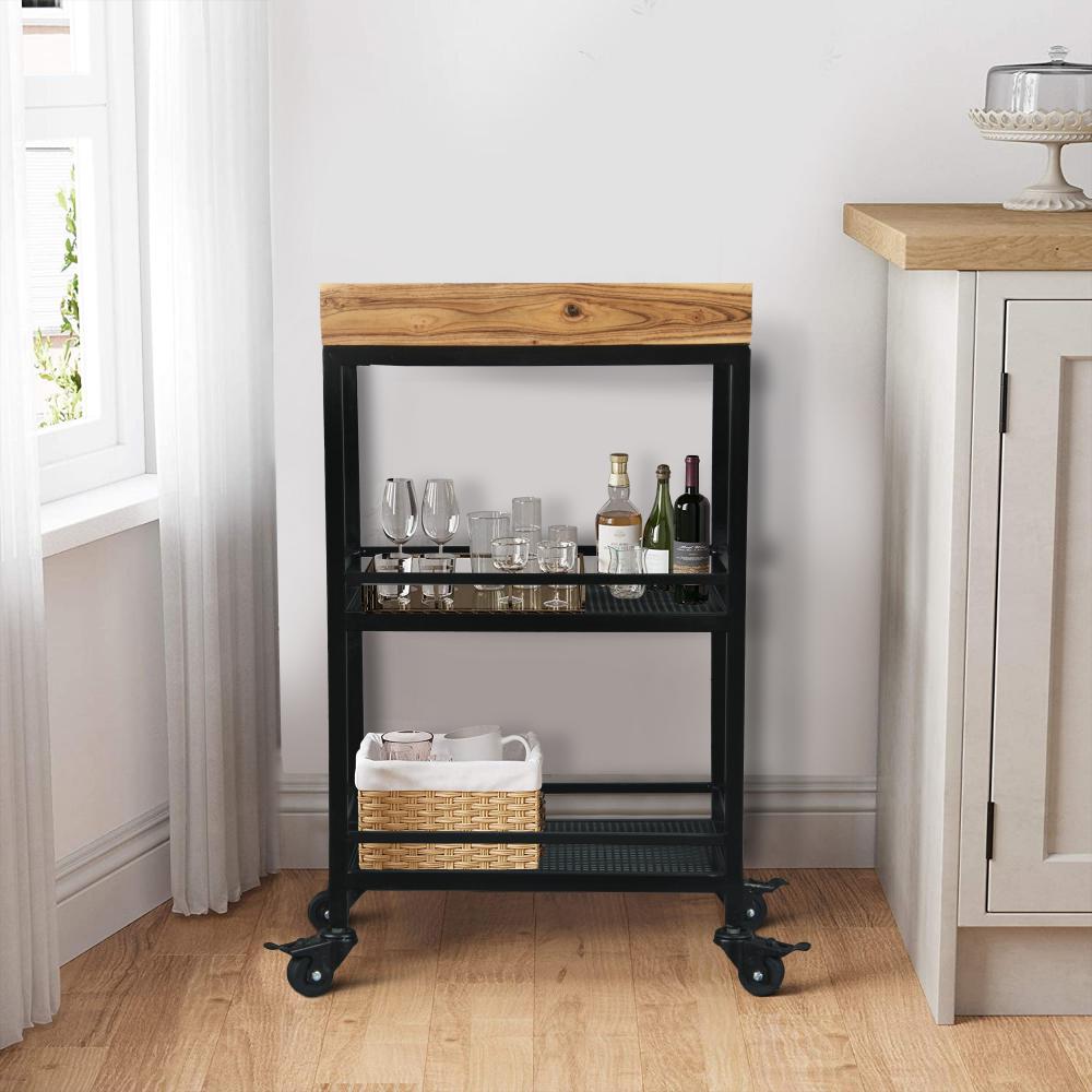 Industrial Serving Cart with 3 Tier Storage and Metal Frame, Brown and Black - UPT-263767