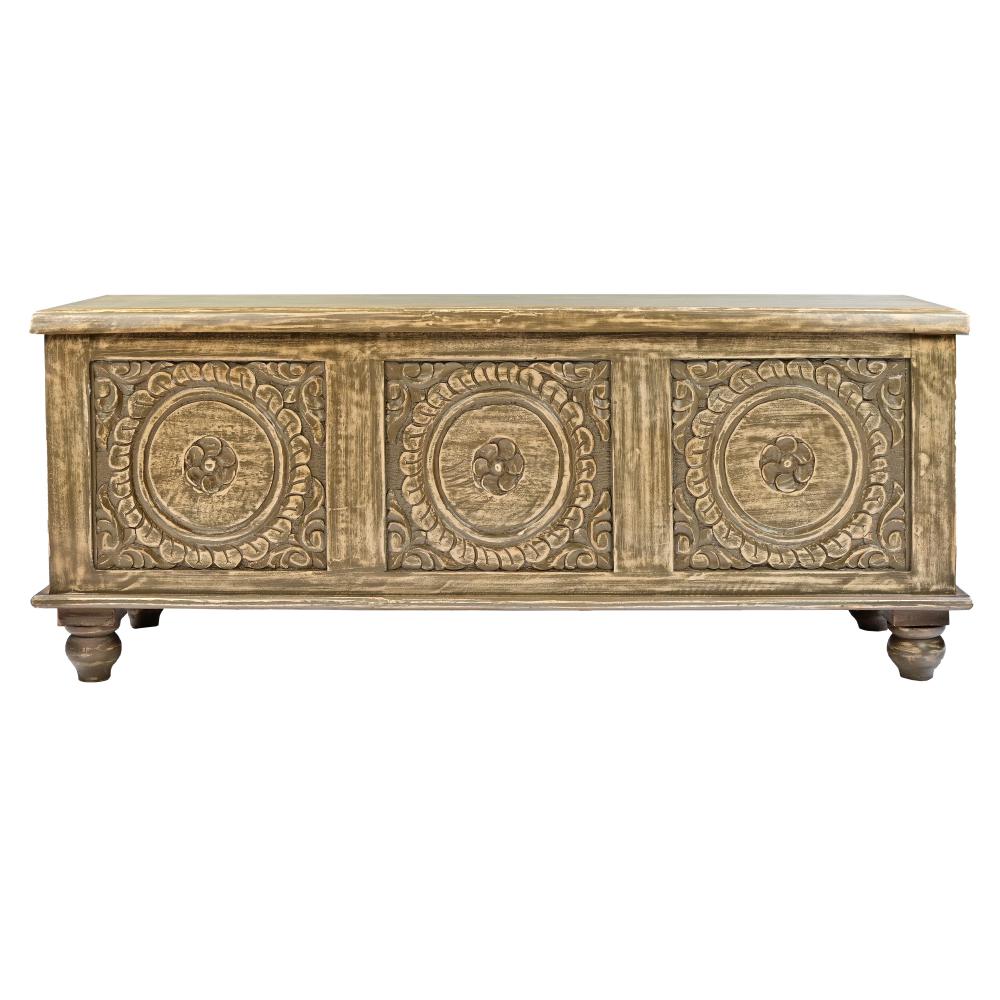 Wooden Trunk with Lift Top Storage and Medallion Wood Carving, Distressed Brown - UPT-263768