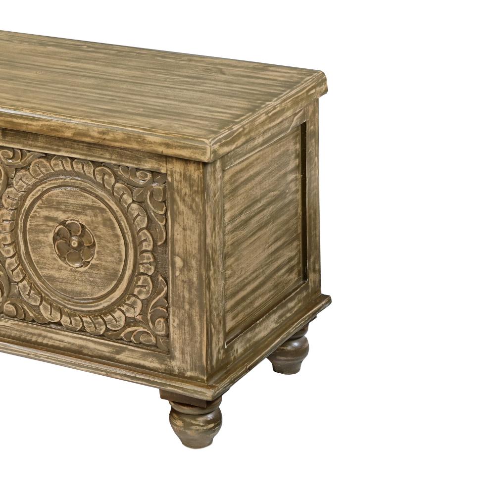 Wooden Trunk with Lift Top Storage and Medallion Wood Carving, Distressed Brown - UPT-263768