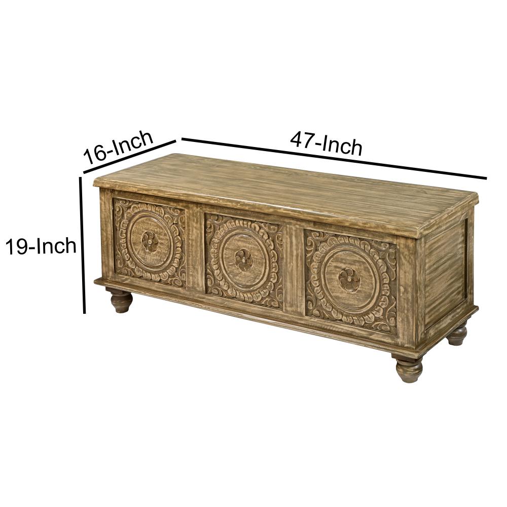 Wooden Trunk with Lift Top Storage and Medallion Wood Carving, Distressed Brown - UPT-263768