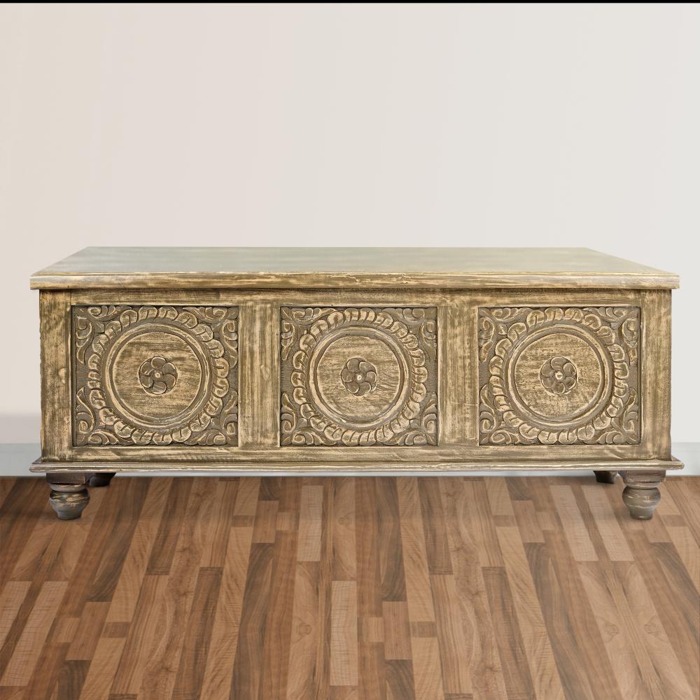 Wooden Trunk with Lift Top Storage and Medallion Wood Carving, Distressed Brown - UPT-263768