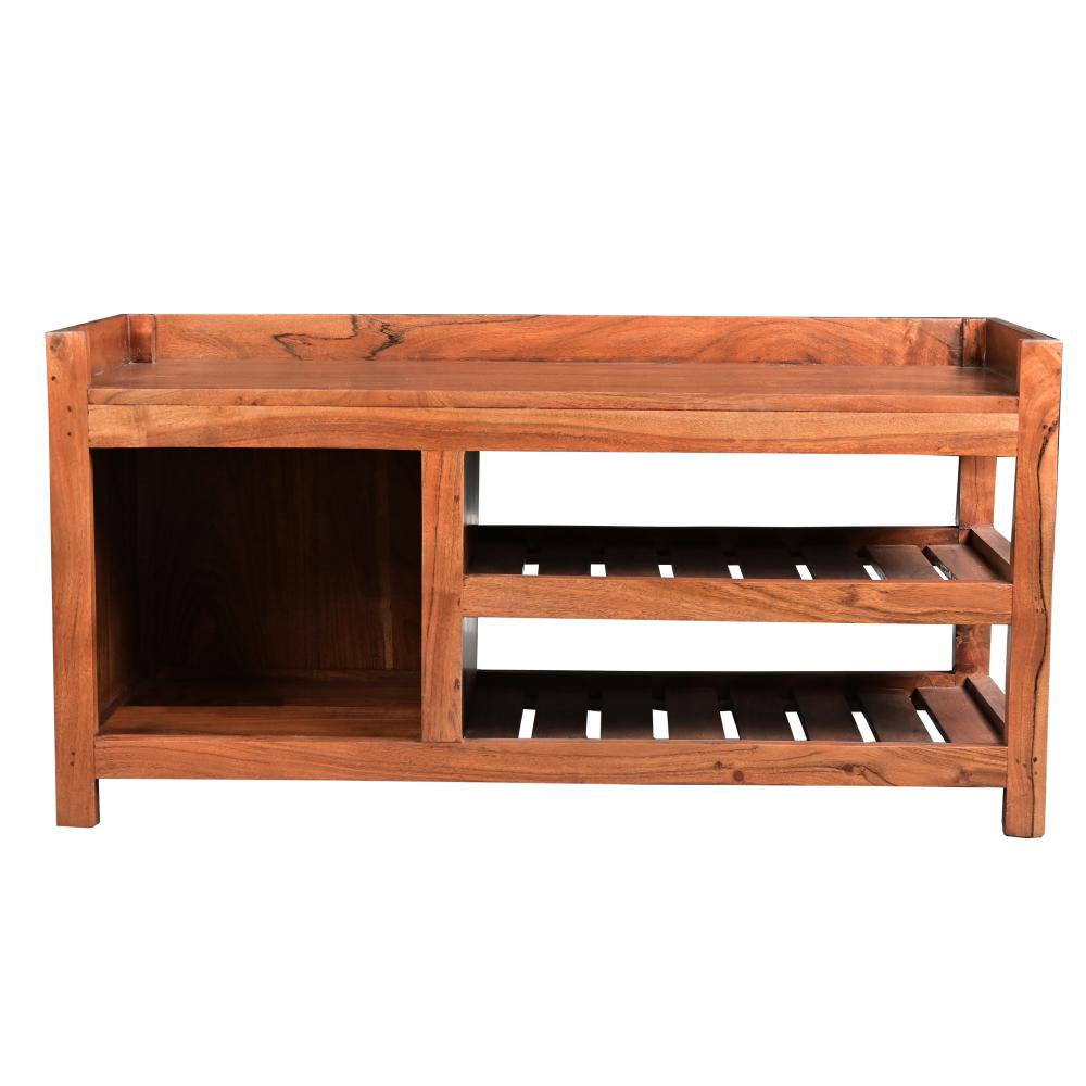 Entryway Bench with Wooden Seat and 2 Slatted Shelves, Brown - UPT-263769