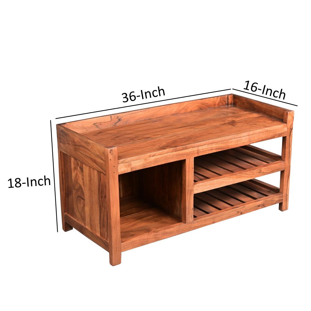 Entryway Bench with Wooden Seat and 2 Slatted Shelves, Brown - UPT-263769