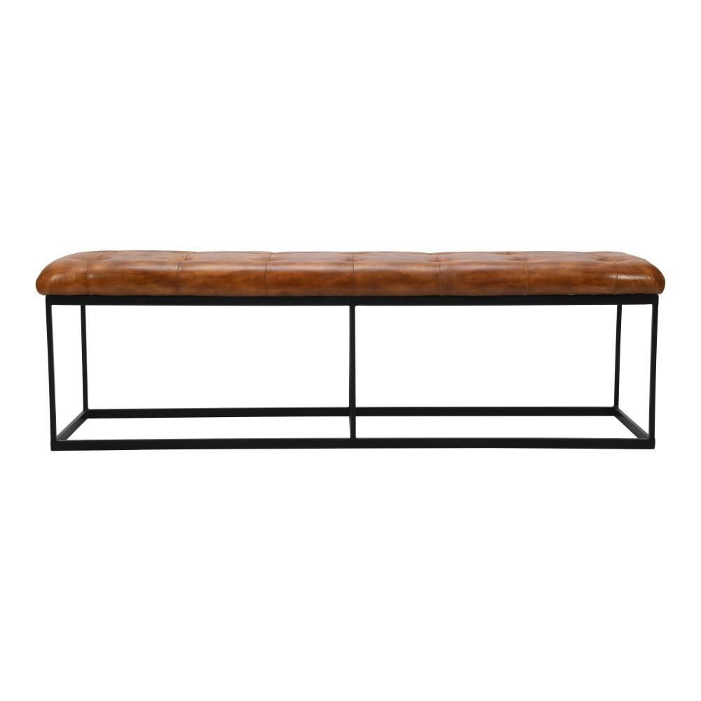 60 Inch Artisanal Tufted Accent Bench, Genuine Leather Upholstery, Metal Frame, Caramel Brown, Black - UPT-263780