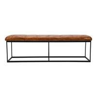 60 Inch Artisanal Tufted Accent Bench, Genuine Leather Upholstery, Metal Frame, Caramel Brown, Black - UPT-263780