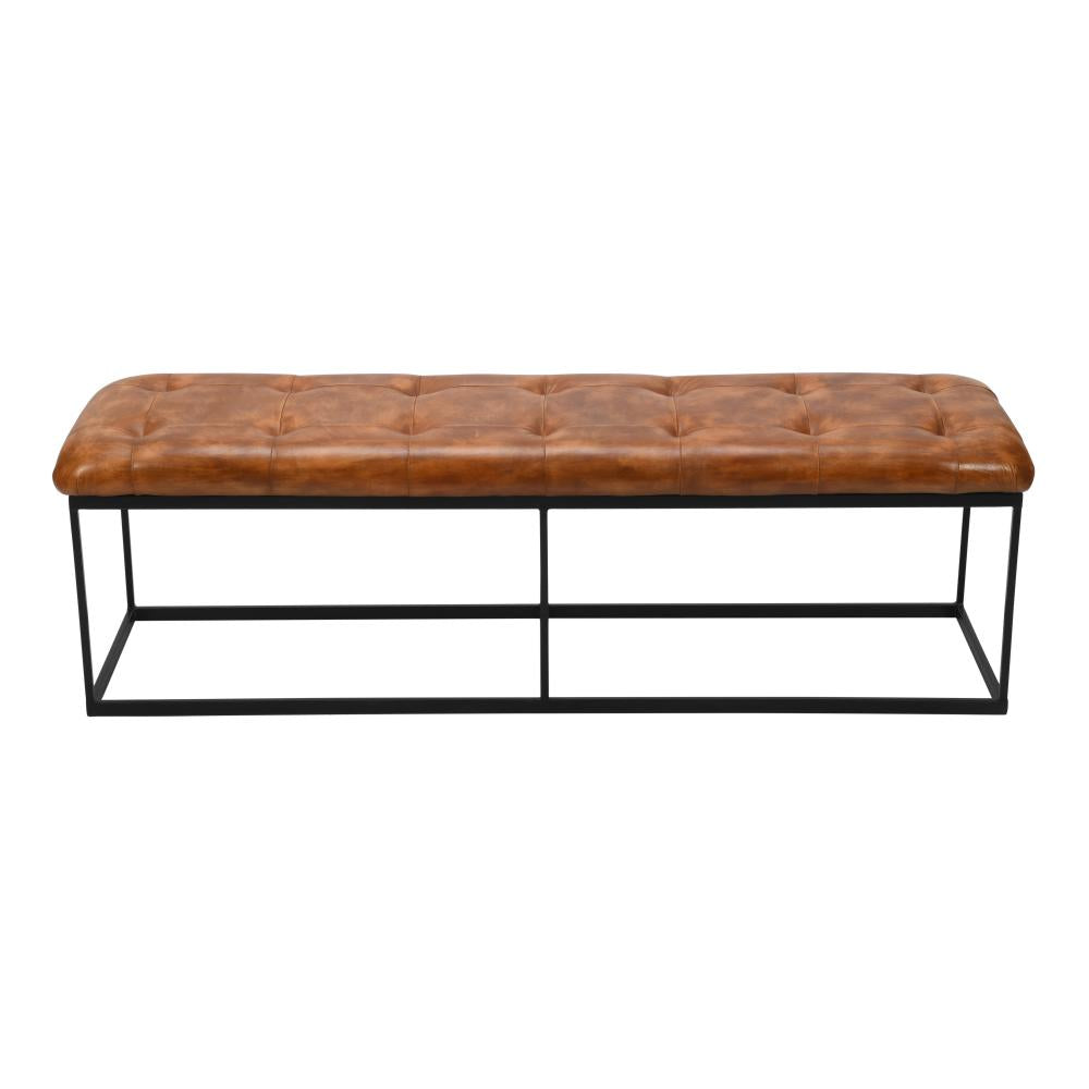 60 Inch Artisanal Tufted Accent Bench, Genuine Leather Upholstery, Metal Frame, Caramel Brown, Black - UPT-263780