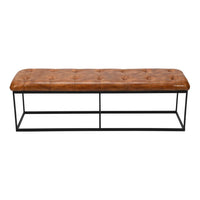 60 Inch Artisanal Tufted Accent Bench, Genuine Leather Upholstery, Metal Frame, Caramel Brown, Black - UPT-263780