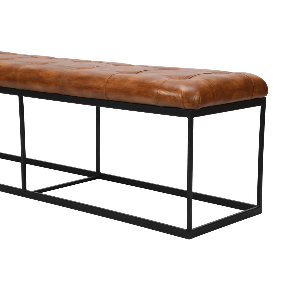 60 Inch Artisanal Tufted Accent Bench, Genuine Leather Upholstery, Metal Frame, Caramel Brown, Black - UPT-263780