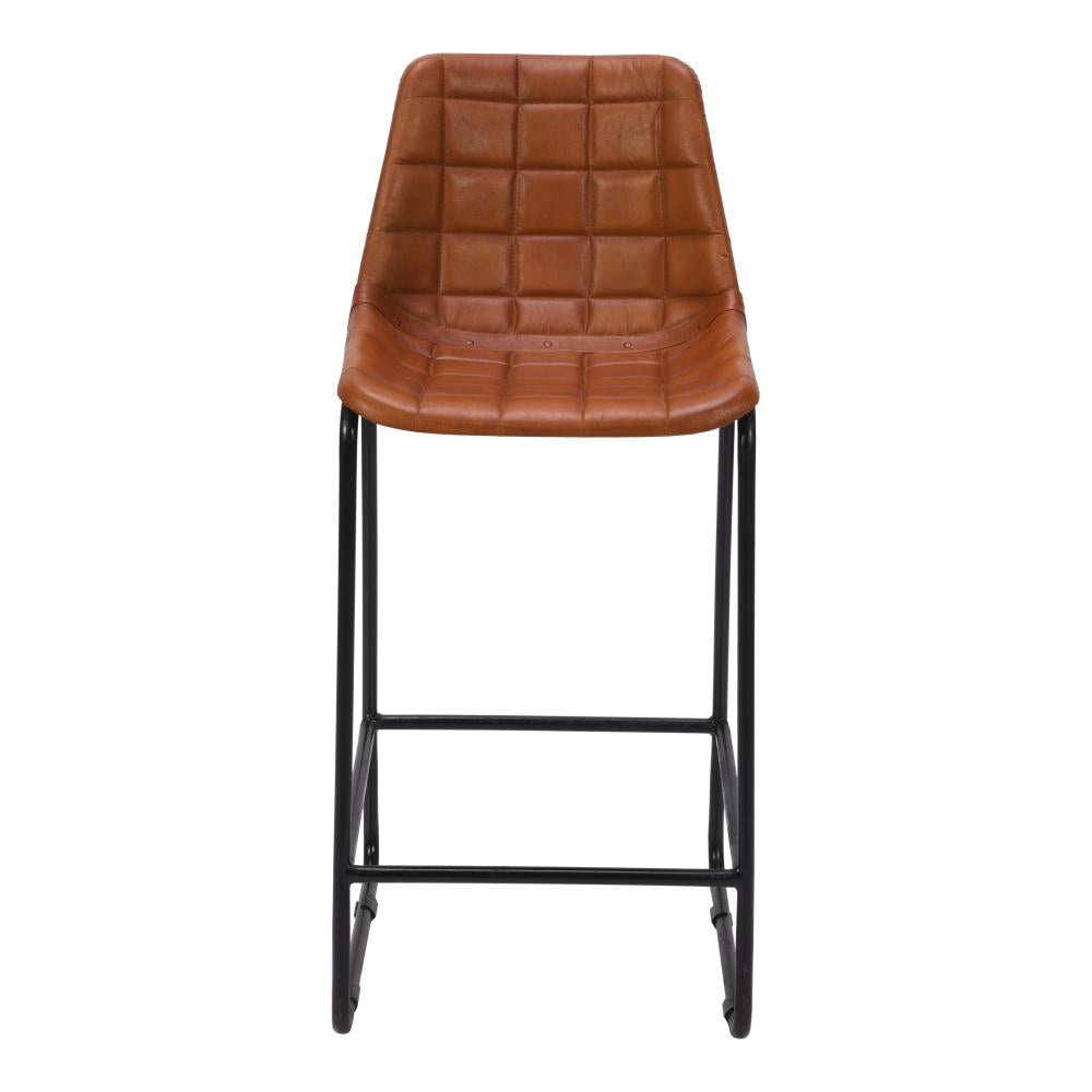 29 Inch Bar Height Chair, Square Tufted Genuine Leather Seat, Metal Frame, Tan Brown, Black - UPT-263781