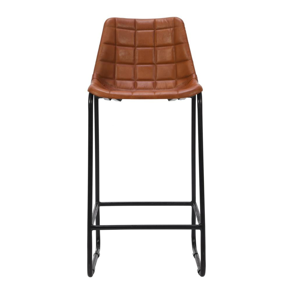 29 Inch Bar Height Chair, Square Tufted Genuine Leather Seat, Metal Frame, Tan Brown, Black - UPT-263781