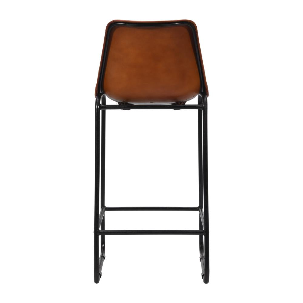 29 Inch Bar Height Chair, Square Tufted Genuine Leather Seat, Metal Frame, Tan Brown, Black - UPT-263781