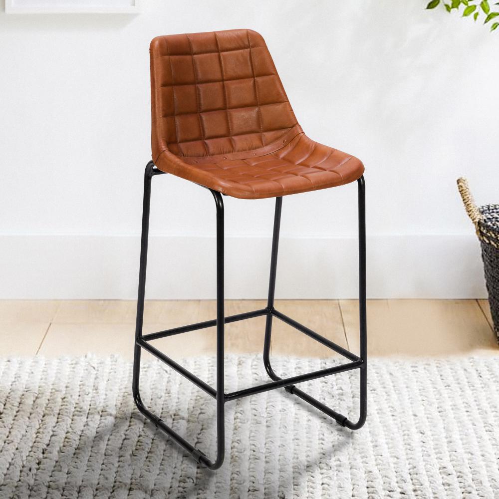 29 Inch Bar Height Chair, Square Tufted Genuine Leather Seat, Metal Frame, Tan Brown, Black - UPT-263781