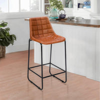 29 Inch Bar Height Chair, Square Tufted Genuine Leather Seat, Metal Frame, Tan Brown, Black - UPT-263781