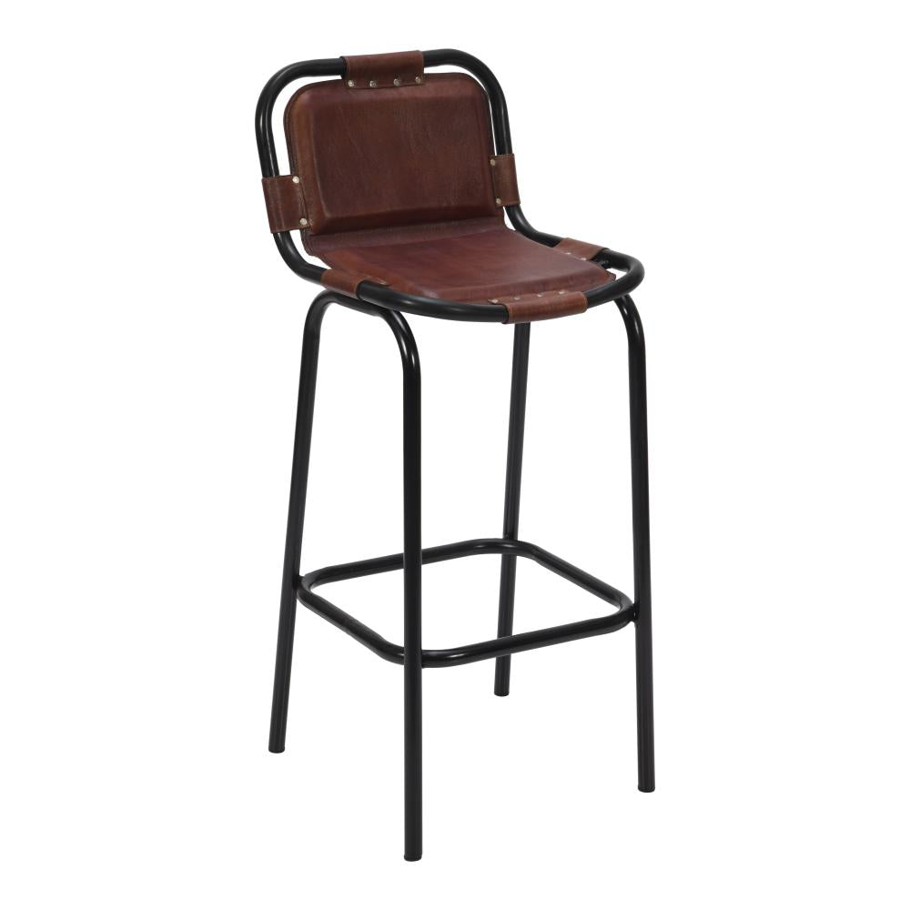 31 Inch Bar Height Chair, Genuine Leather Upholstery, Metal Frame, Brown,  Black - UPT-263783
