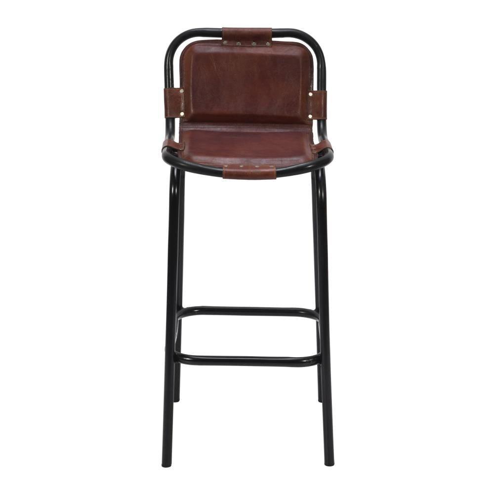 31 Inch Bar Height Chair, Genuine Leather Upholstery, Metal Frame, Brown, Black - UPT-263783