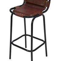 31 Inch Bar Height Chair, Genuine Leather Upholstery, Metal Frame, Brown, Black - UPT-263783