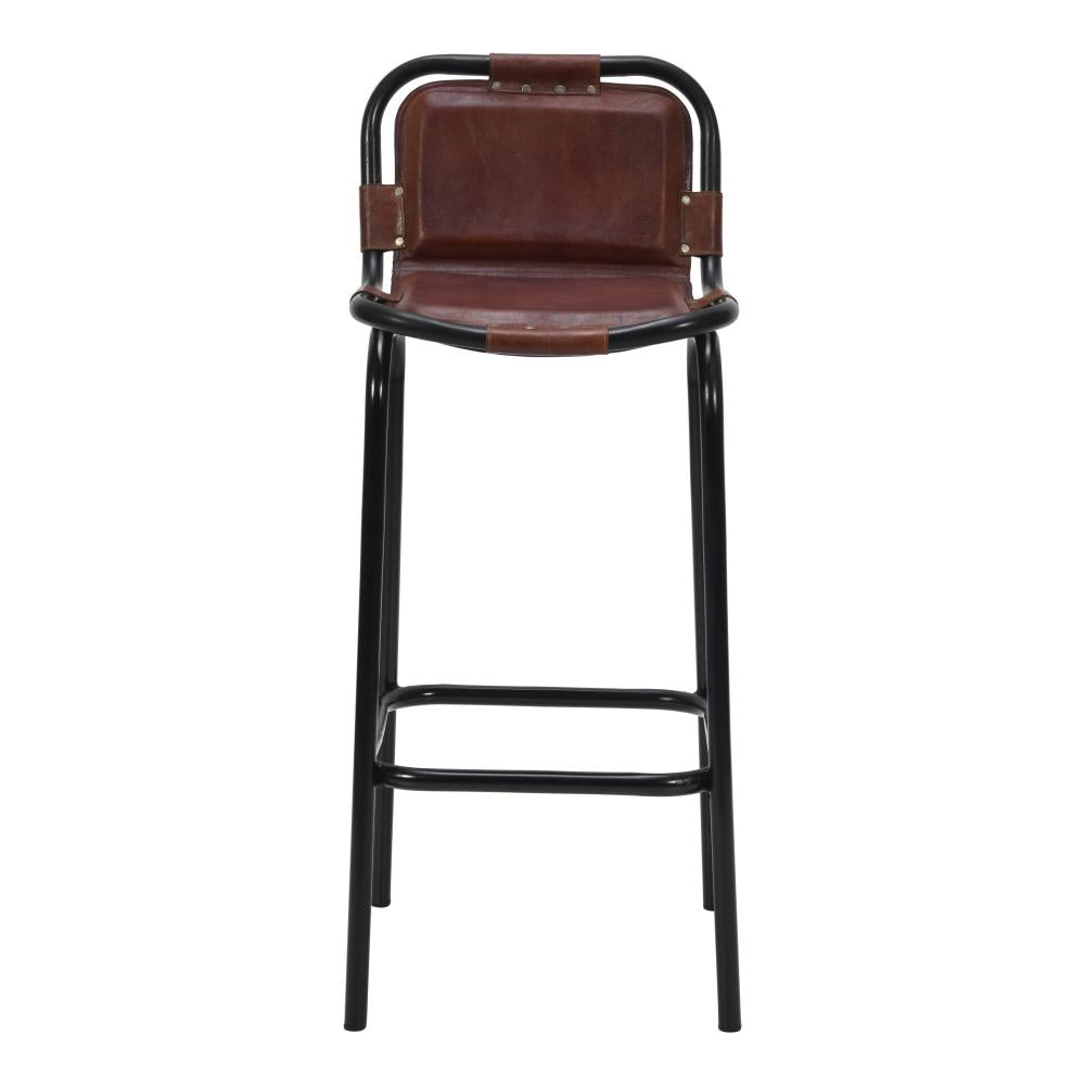 31 Inch Bar Height Chair, Genuine Leather Upholstery, Metal Frame, Brown, Black - UPT-263783