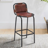 31 Inch Bar Height Chair, Genuine Leather Upholstery, Metal Frame, Brown, Black - UPT-263783