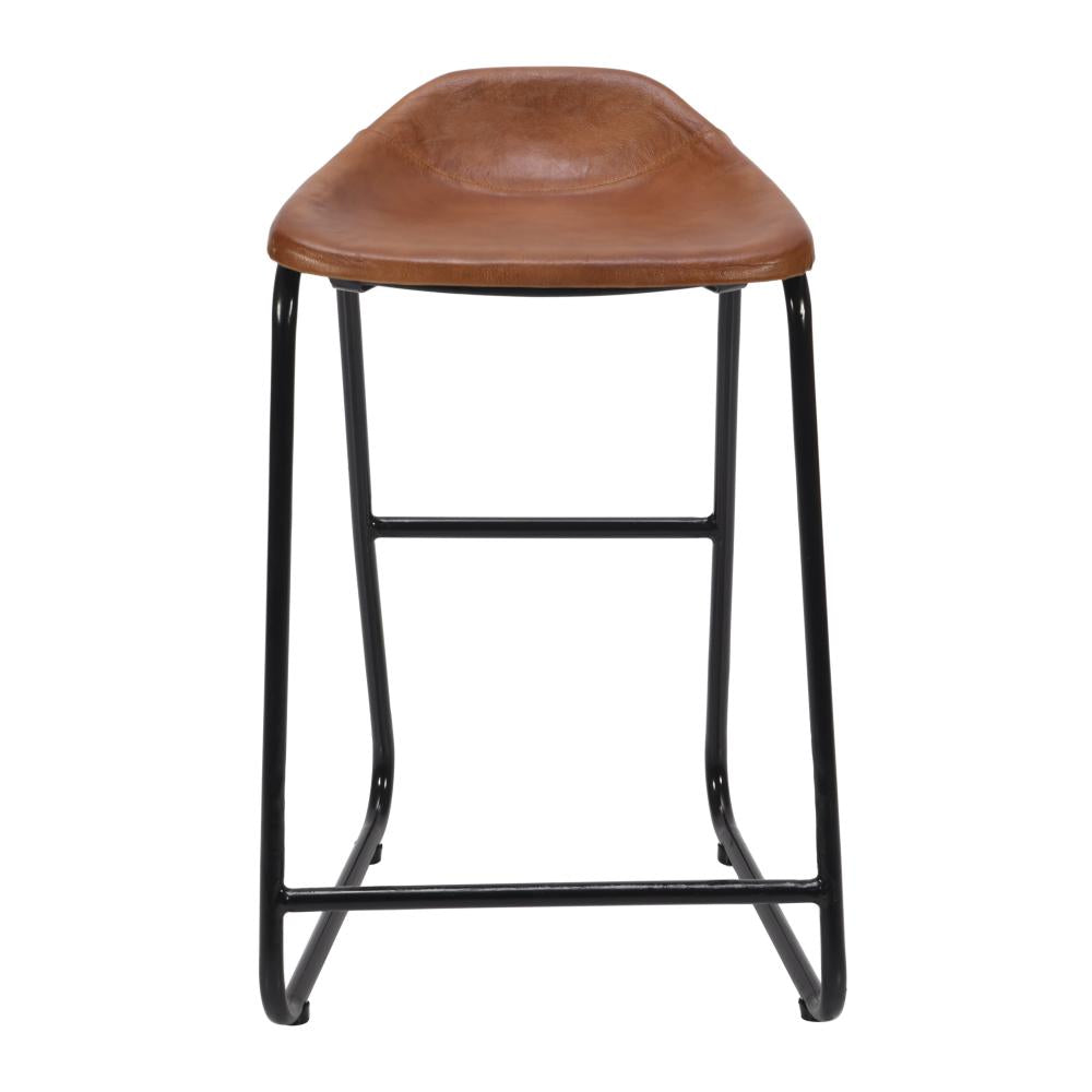 26 Inch Counter Height Bar Stool, Genuine Leather Bucket Seat, Metal, Brown, Black - UPT-263786