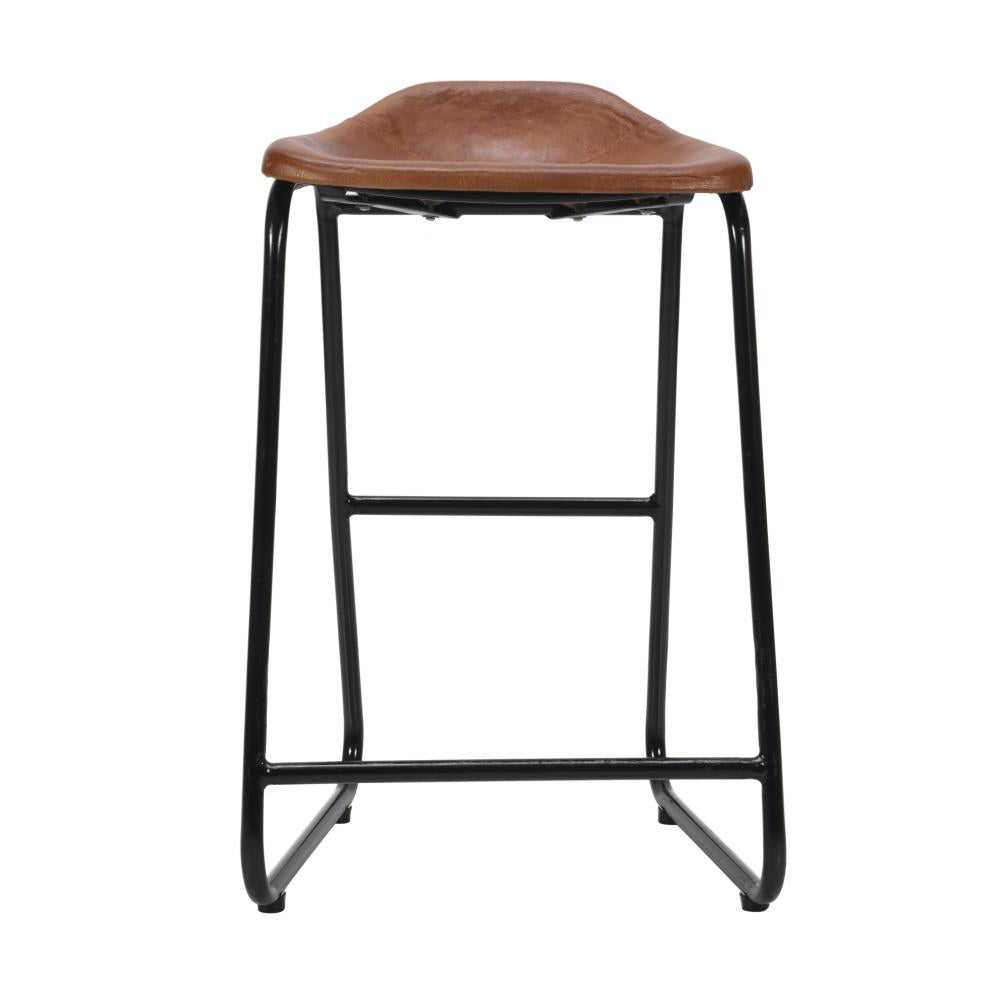 26 Inch Counter Height Bar Stool, Genuine Leather Bucket Seat, Metal, Brown, Black - UPT-263786