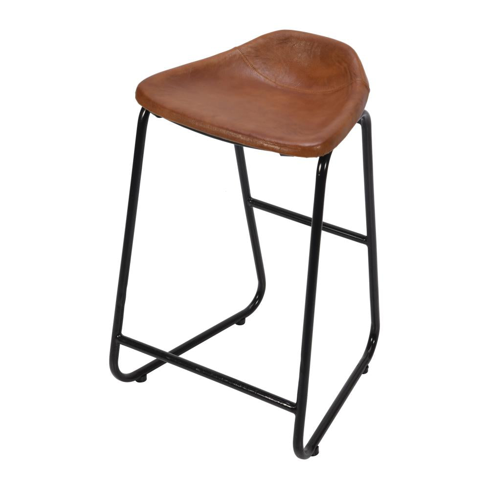 26 Inch Counter Height Bar Stool, Genuine Leather Bucket Seat, Metal, Brown, Black - UPT-263786