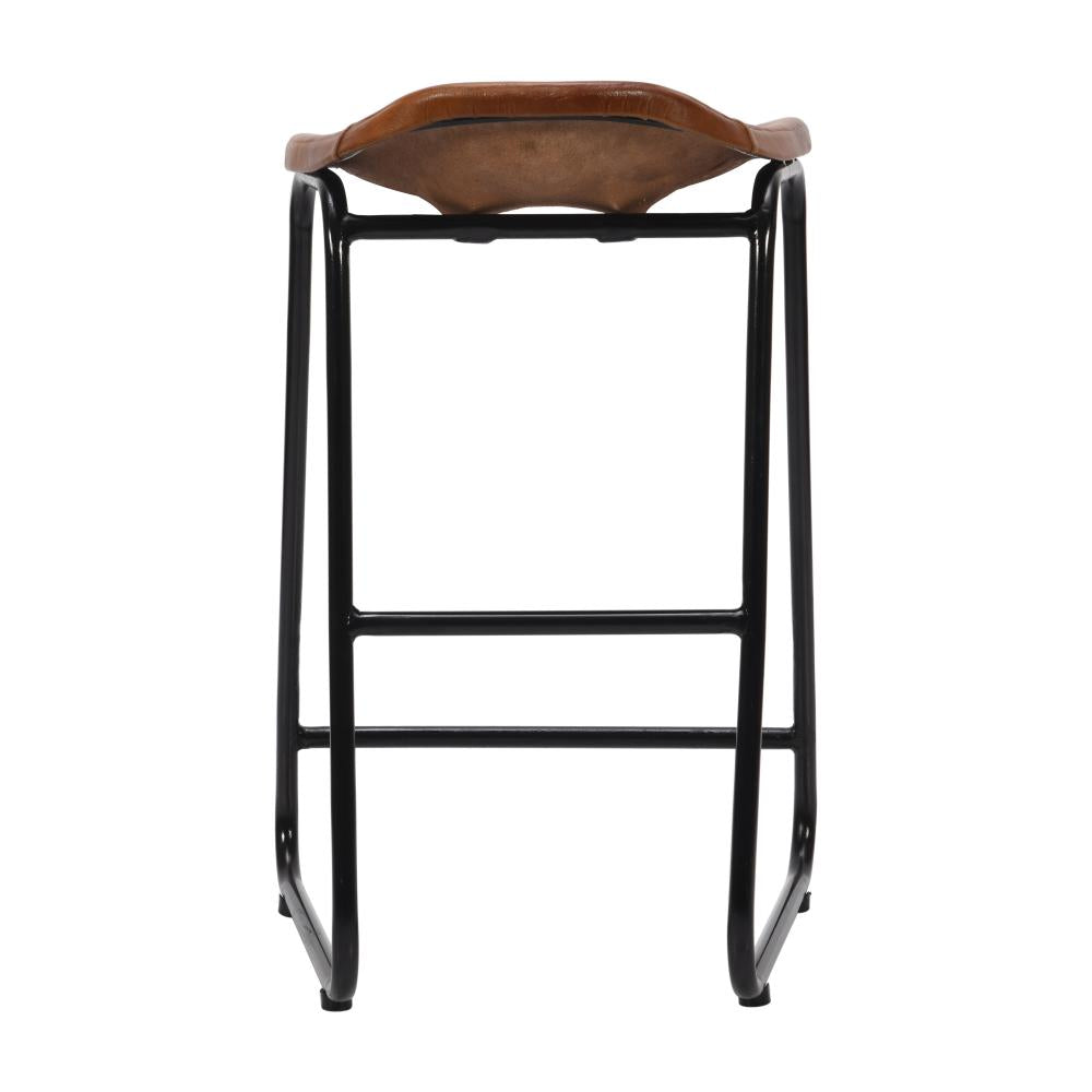 26 Inch Counter Height Bar Stool, Genuine Leather Bucket Seat, Metal, Brown, Black - UPT-263786