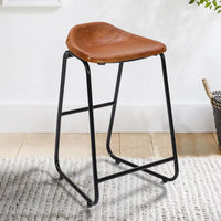 26 Inch Counter Height Bar Stool, Genuine Leather Bucket Seat, Metal, Brown, Black - UPT-263786