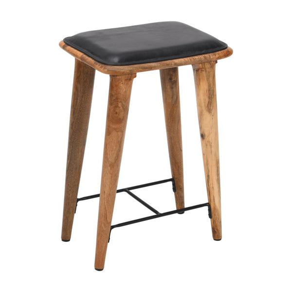 25 Inch Counter Height Bar Stool, Genuine Leather Seat, Mango Wood Frame, Black, Brown - UPT-263787