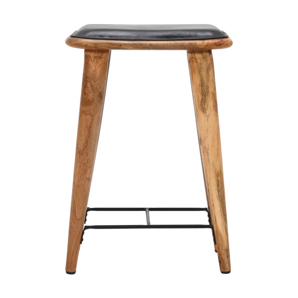 25 Inch Counter Height Bar Stool, Genuine Leather Seat, Mango Wood Frame, Black, Brown - UPT-263787