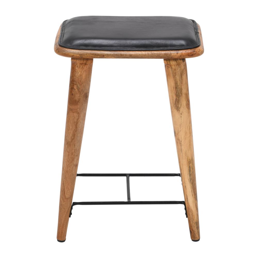 25 Inch Counter Height Bar Stool, Genuine Leather Seat, Mango Wood Frame, Black, Brown - UPT-263787