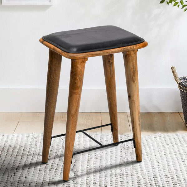 25 Inch Counter Height Bar Stool, Genuine Leather Seat, Mango Wood Frame, Black, Brown - UPT-263787