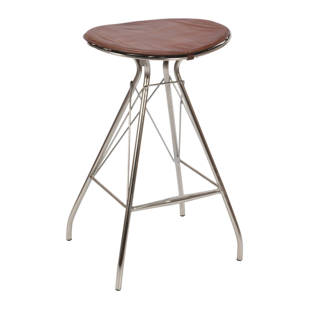 30 Inch Metal Frame Bar Stool, Round Genuine Leather Seat, Dark Brown, Silver - UPT-263788