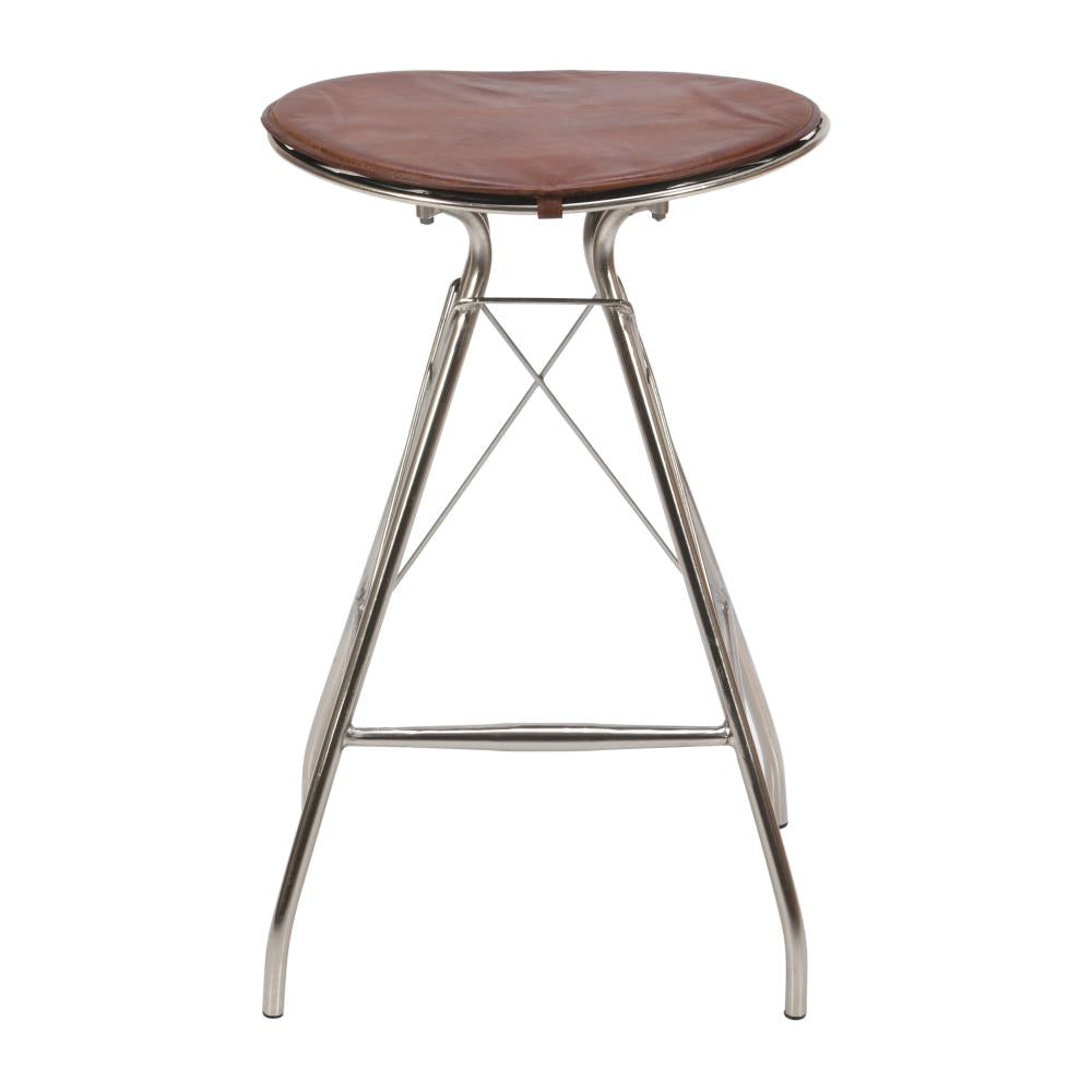 30 Inch Metal Frame Bar Stool, Round Genuine Leather Seat, Dark Brown, Silver - UPT-263788