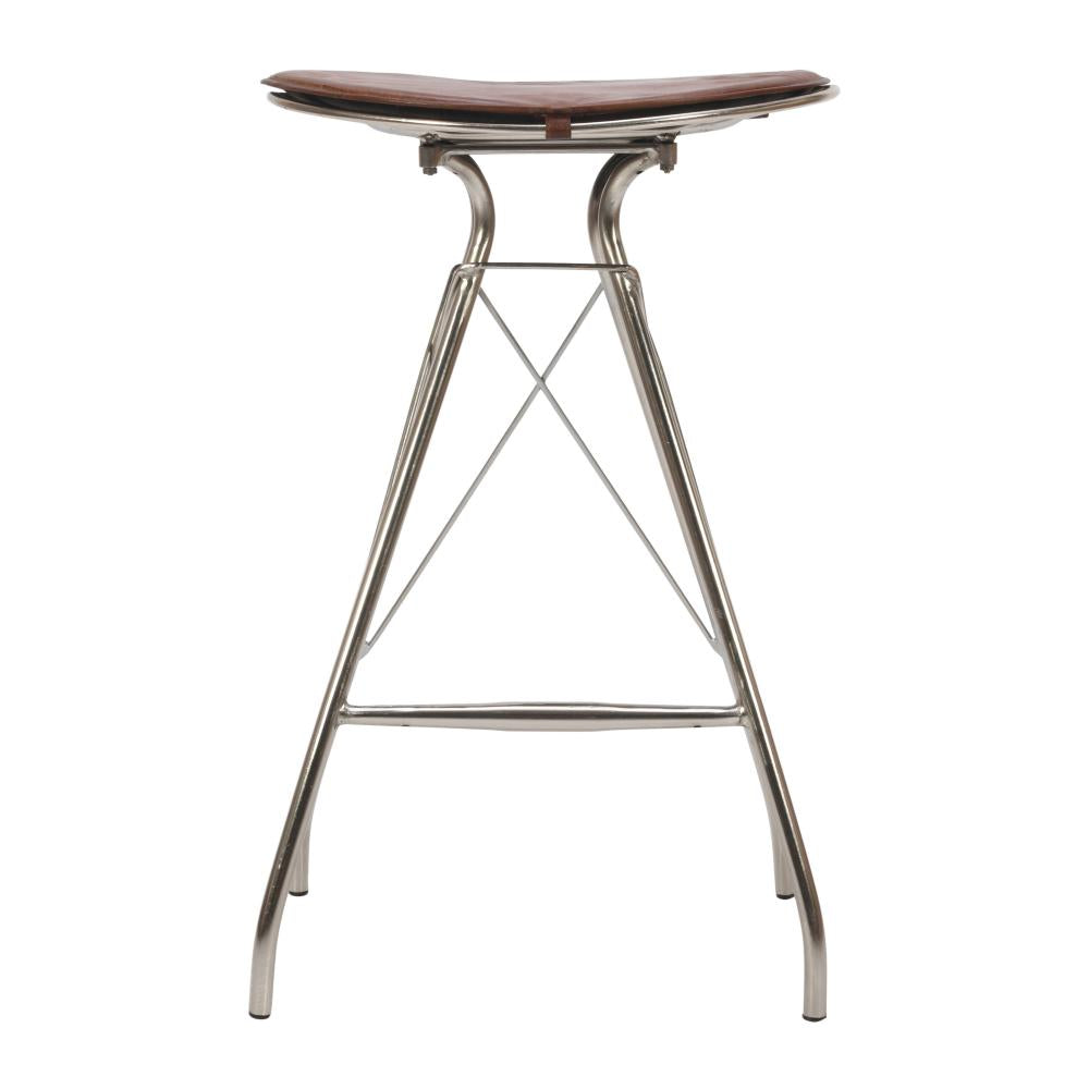 30 Inch Metal Frame Bar Stool, Round Genuine Leather Seat, Dark Brown, Silver - UPT-263788