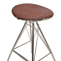 30 Inch Metal Frame Bar Stool, Round Genuine Leather Seat, Dark Brown, Silver - UPT-263788