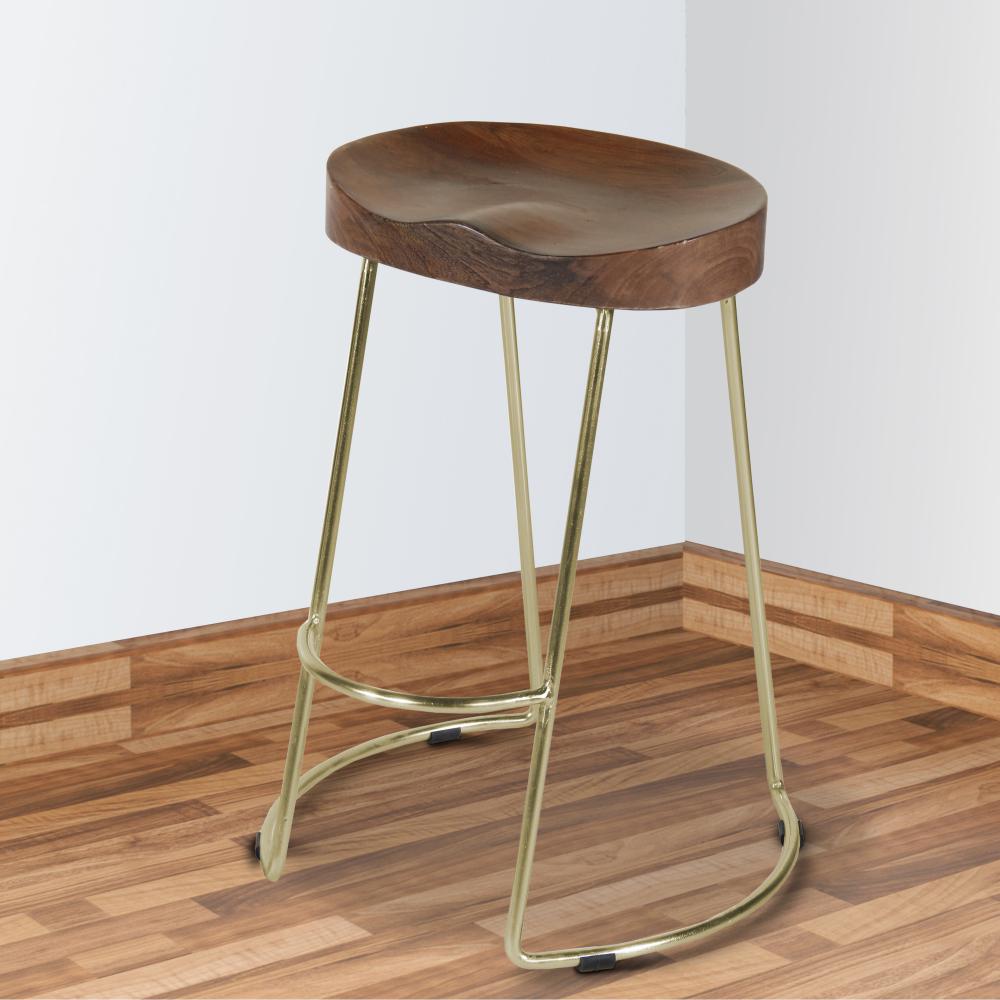 Ela 30 Inch Mango Wood Bar Stool, Saddle Seat, Iron, Set of 2, Walnut Brown, Gold - UPT-263793