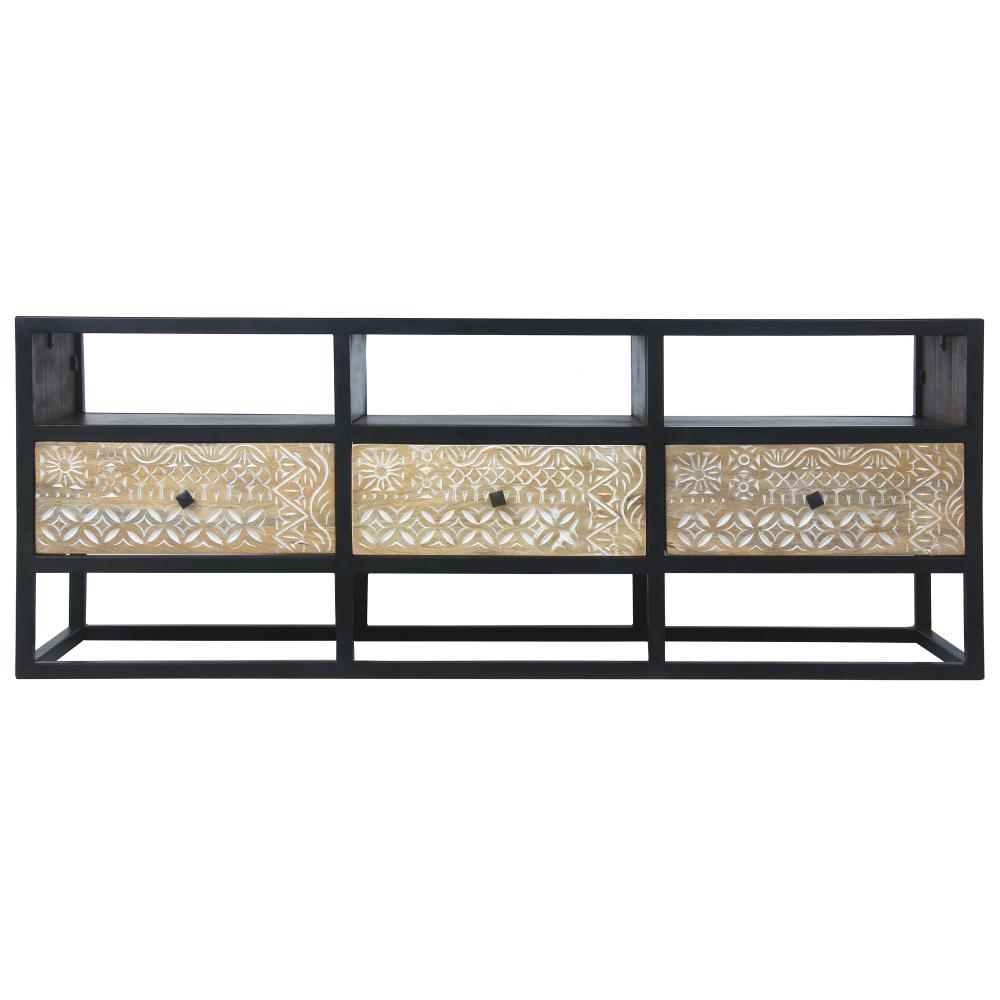 Carson 59 Inch Mango Wood TV Media Entertainment Console, Ornate Cut Out Floral Design, 3 Drawers, Natural Brown and Black - UPT-270554