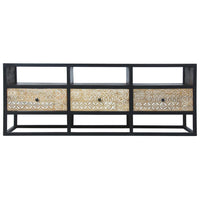 Carson 59 Inch Mango Wood TV Media Entertainment Console, Ornate Cut Out Floral Design, 3 Drawers, Natural Brown and Black - UPT-270554