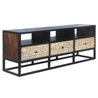 Carson 59 Inch Mango Wood TV Media Entertainment Console, Ornate Cut Out Floral Design, 3 Drawers, Natural Brown and Black - UPT-270554