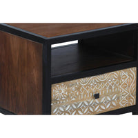 Carson 59 Inch Mango Wood TV Media Entertainment Console, Ornate Cut Out Floral Design, 3 Drawers, Natural Brown and Black - UPT-270554