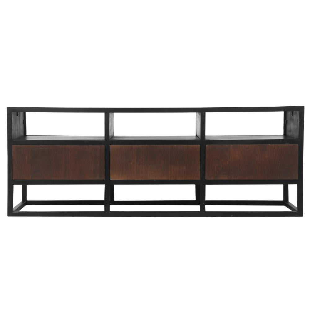 Carson 59 Inch Mango Wood TV Media Entertainment Console, Ornate Cut Out Floral Design, 3 Drawers, Natural Brown and Black - UPT-270554