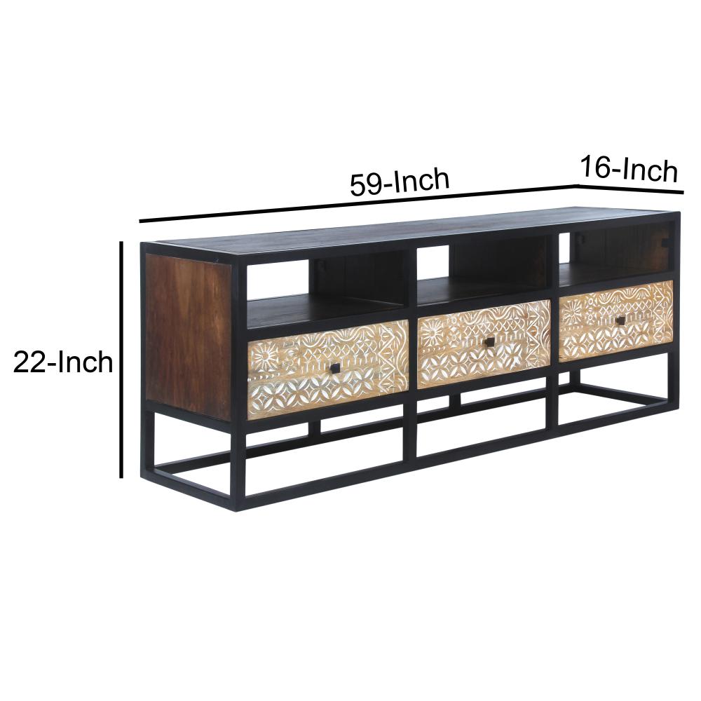 Carson 59 Inch Mango Wood TV Media Entertainment Console, Ornate Cut Out Floral Design, 3 Drawers, Natural Brown and Black - UPT-270554