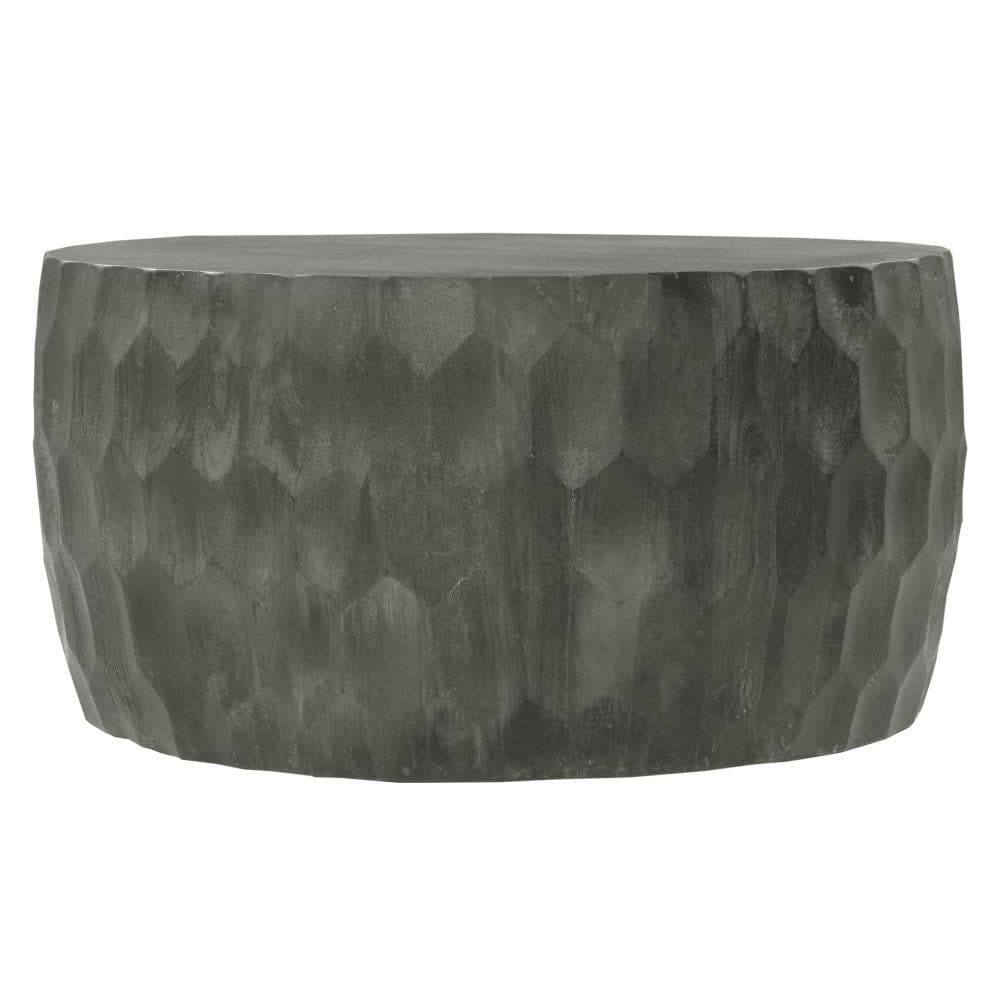 33 Inch Wooden Round Drum Coffee Table with Geometric Carved Pattern, Gray - UPT-270557