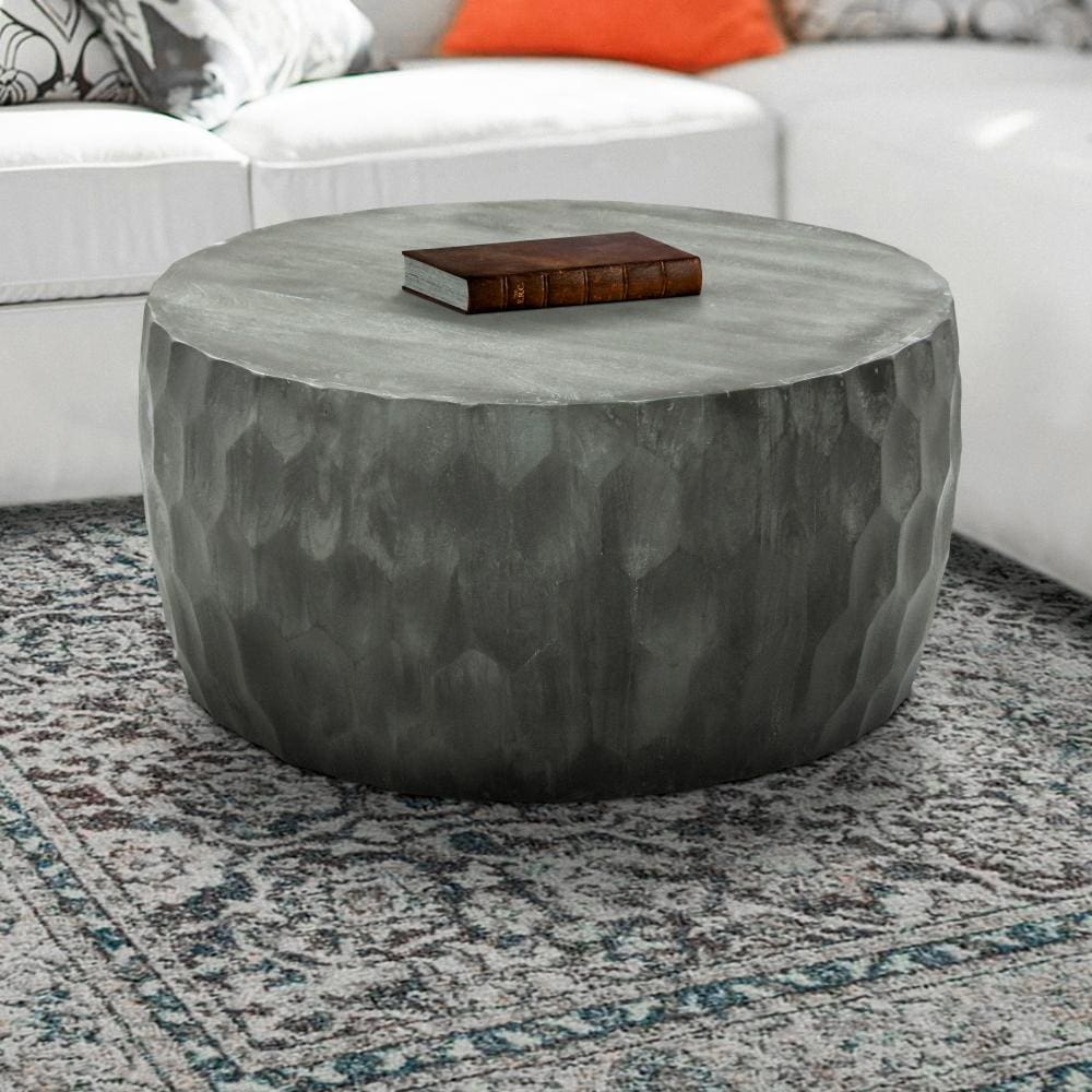 33 Inch Wooden Round Drum Coffee Table with Geometric Carved Pattern, Gray - UPT-270557