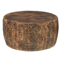 33 Inch Round Coffee Table with Damask Carved Pattern and Wooden Frame, Walnut Brown - UPT-270560